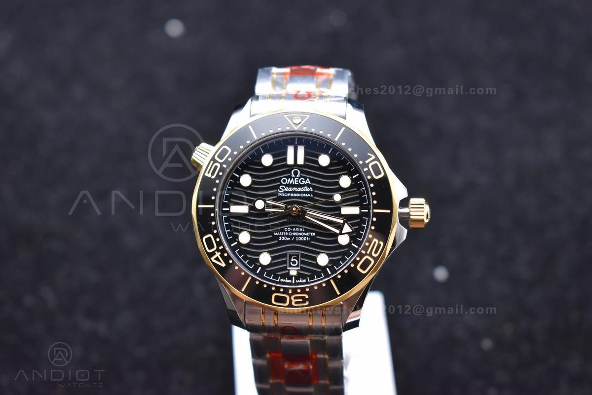 Seamaster Diver 300M SS/YG ORF 1:1 Best Edition Black Ceramic Black Dial on SS Bracelet A8800 